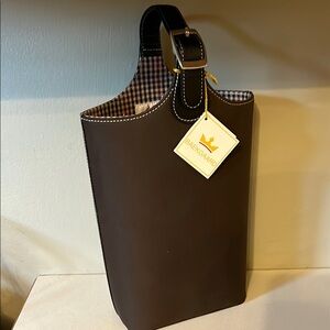 Brown and plaid Wine Carrier with leather sturdy Handle